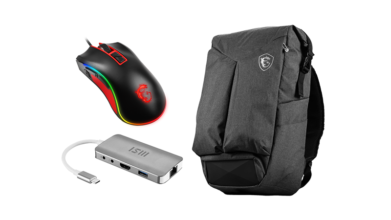MSI gaming mouse M92, USB Type-C dock, and original backpack
